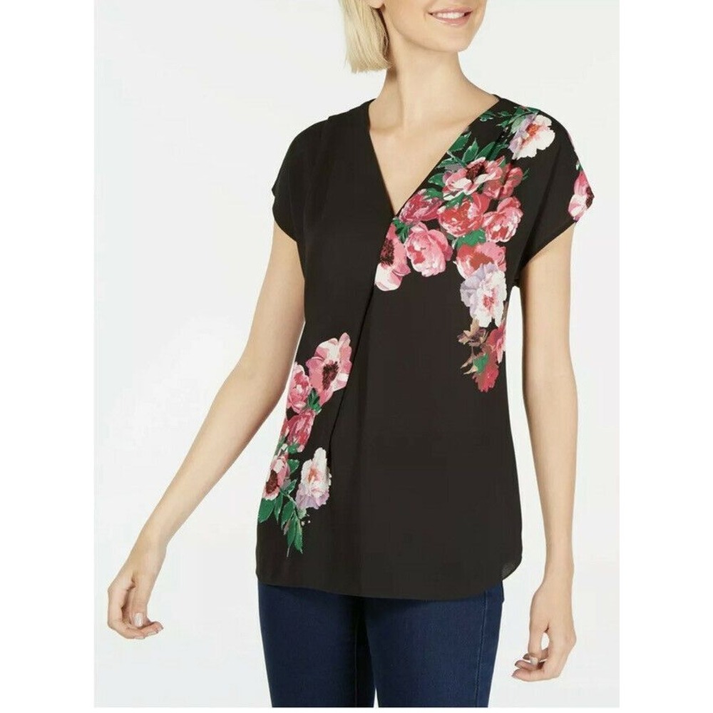 INC International Concepts V Neck Floral Print Blouse Womens S Black Sleeveless‎
